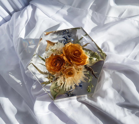 Top down photo of hexagon mold for resin flower preservation