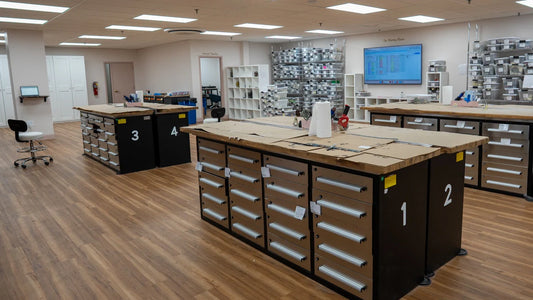 Inside the Everlasting Bloom Co. studio in St. Louis, featuring organized workstations where wedding bouquets are hand-preserved in resin.