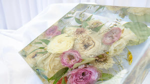Wedding bouquet preservation in crystal-clear resin by Everlasting Bloom Co.