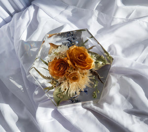 Top down photo of hexagon mold for resin flower preservation