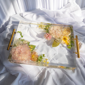 Resin serving tray mold with preserved wedding flowers by Everlasting Bloom Co, featuring gold handles and floral bouquet keepsake design.