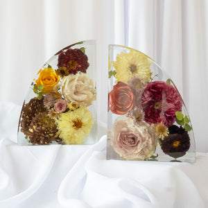 Finished resin bookend keepsakes with preserved wedding flowers by Everlasting Bloom Co.