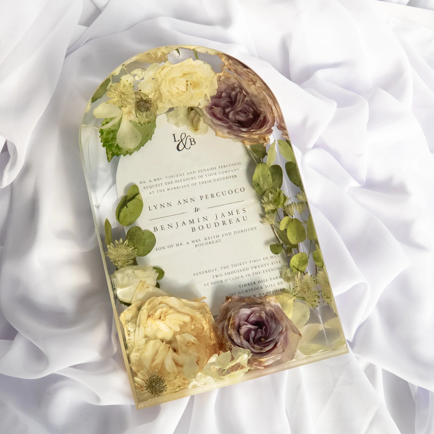 Custom large arch resin flower preservation with real wedding invitation, preserved ivory and mauve roses, lisianthus, and greenery — personalized bridal bouquet keepsake