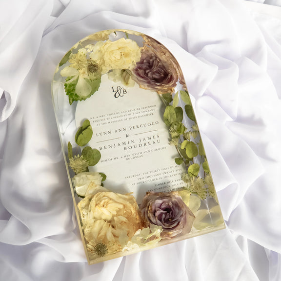 Custom large arch resin flower preservation with real wedding invitation, preserved ivory and mauve roses, lisianthus, and greenery — personalized bridal bouquet keepsake