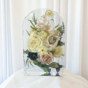 Large arch resin keepsake with preserved blush roses, cream garden roses, ranunculus, and eucalyptus — wedding bouquet preservation by Everlasting Bloom Co.