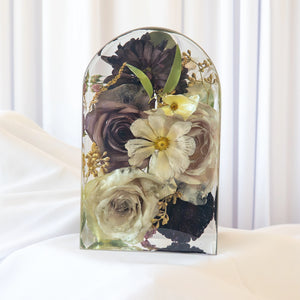 Large arch resin keepsake with preserved deep plum roses, cream cosmos, and gold botanicals — wedding flower preservation by Everlasting Bloom Co.