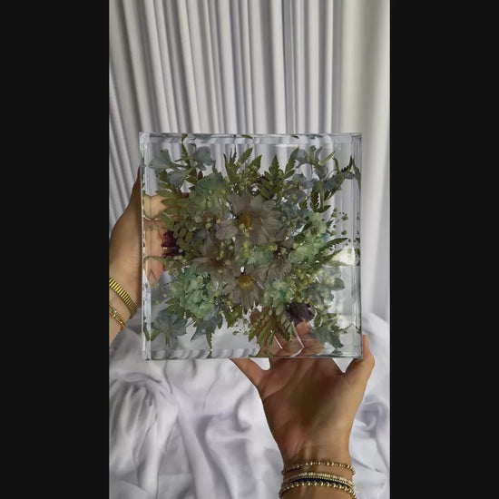 Finished floral block resin preservation piece capturing wedding bouquet flowers