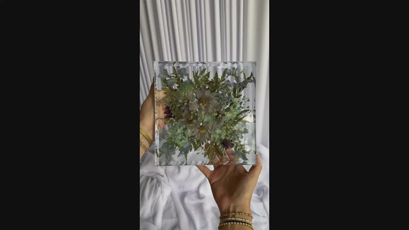 Finished floral block resin preservation piece capturing wedding bouquet flowers