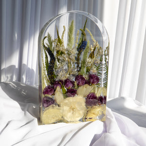 Large arch resin flower preservation with yellow garden roses, purple ranunculus, and wild greenery — handcrafted wedding keepsake by Everlasting Bloom Co.